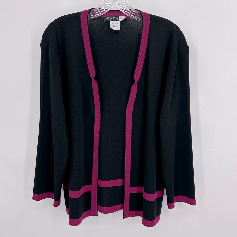 Ming Wang Cardigan Open Front Black Raspberry Border Size L - Picture 1 of 6